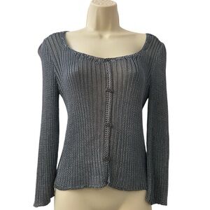 Gabriel.S. 100% Viscose Silver Women’s Knit Top Open Weave Design Button Front L